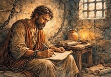 Het lijden van Paulus volgens de Bijbel uitgelegd Illustratie van Paulus als apostel in gevangenschap, schrijvend aan gemeenten, passend bij het bijbelse beeld van lijden en volharding.