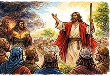 Valse profeet volgens de Bijbel en vandaag herkend Illustratie van een bijbelse profeet tegenover een menigte, met focus op onderscheid tussen ware en valse profetie.