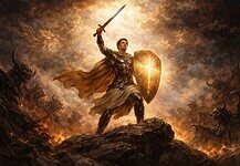 Vecht tegen het kwaad: sta sterk in Jezus vandaag! Olieverfschilderij van een gelovige strijder die standhoudt tegen duisternis, verlicht door geloof en hemels licht.