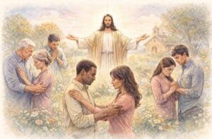 Illustratie van biddende mensen die vergeving zoeken en elkaar vergeven, geïnspireerd door het Onze Vader en de woorden van Jezus.