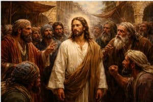 Bijbelillustratie met Jezus en omstanders, die spanning en afwijzing tonen rondom Zijn boodschap over waarheid, licht en bekering.