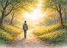 Mijn weg naar God: zoeken, vertrouwen en geloof Persoon die in stilte wandelt over een pad in de natuur, symbool voor een persoonlijke zoektocht naar God en christelijk geloof.