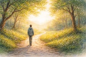 Persoon die in stilte wandelt over een pad in de natuur, symbool voor een persoonlijke zoektocht naar God en christelijk geloof.
