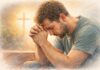 Zondige mensen en vergeving door Jezus Christus Een mens die bidt en worstelt met zonde, schuld en vergeving, en zijn hoop op God en Jezus stelt.