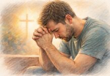 Zondige mensen en vergeving door Jezus Christus Een mens die bidt en worstelt met zonde, schuld en vergeving, en zijn hoop op God en Jezus stelt.
