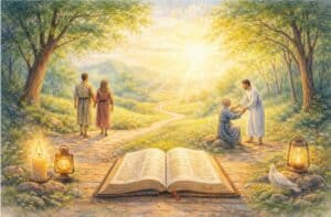 Kleurenpotloodtekening van mensen op een licht pad met open Bijbel, symbool voor christelijk leven, liefde en goed leven.