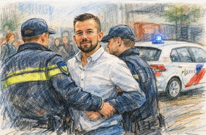 Tom de Wal wordt door politie begeleid na beëindiging van een religieuze samenkomst in Tilburg op 9 januari 2026.