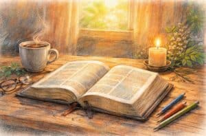 Open Bijbel op houten tafel met zacht licht, symbool voor spreken, taal en zorgvuldige woorden binnen het christelijk geloof